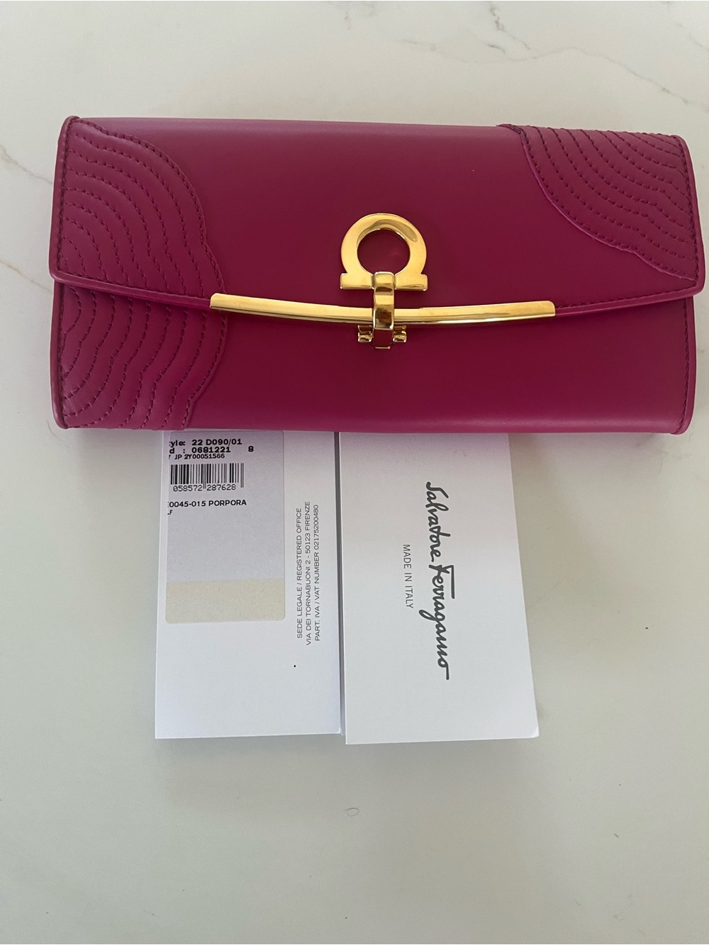 Salvatore Ferragamo Authentic Never Used Leather Clutch with Gold Hardware Berry